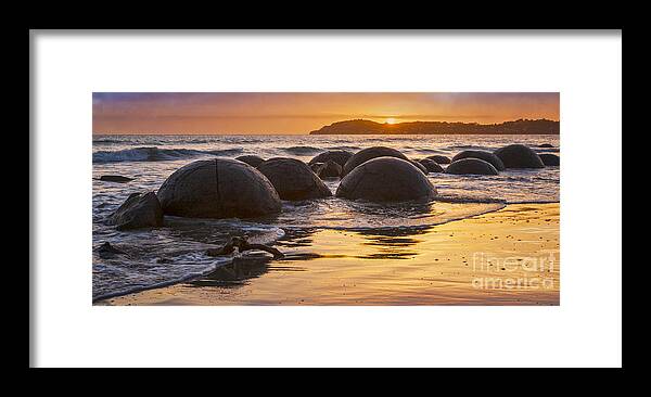 Beautiful Framed Print featuring the photograph Moeraki Boulders Otago New Zealand Sunrise #1 by Colin and Linda McKie