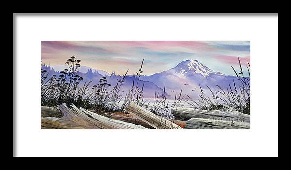 Landscape Paintings Framed Print featuring the painting Mt. Rainier Driftwood Shore #1 by James Williamson