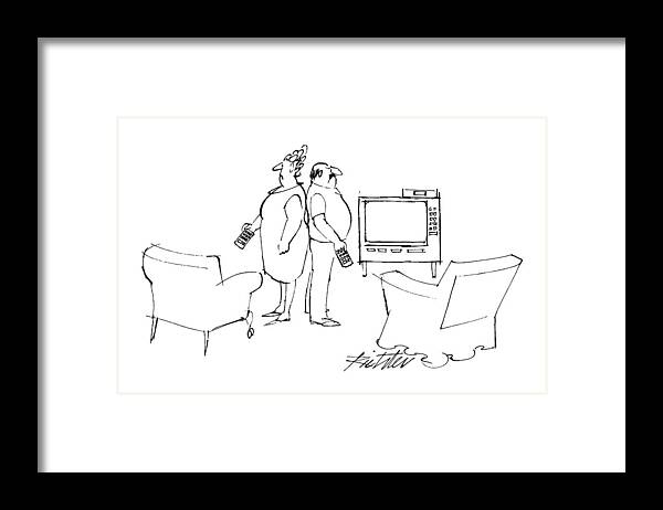 Remote Control Framed Print featuring the drawing New Yorker June 6th, 1988 #1 by Mischa Richter