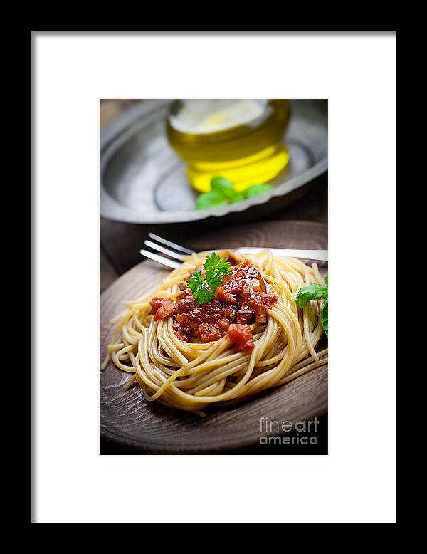 Background Framed Print featuring the photograph Pasta with tomato sauce #1 by Mythja Photography