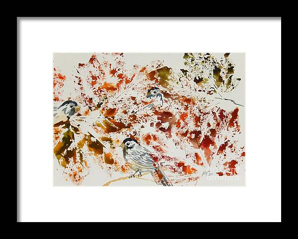 Chickadees Framed Print featuring the painting Peek A Boo Chickadees by Ellen Levinson