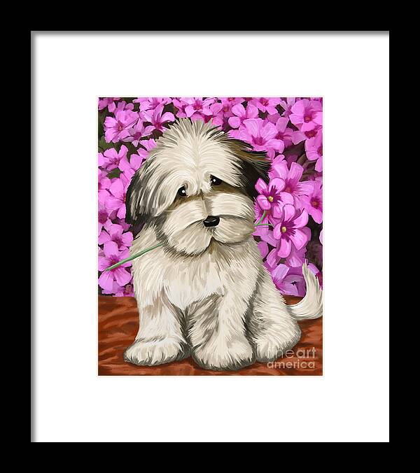 Puppy Framed Print featuring the painting Puppy in the Flowers #1 by Tim Gilliland