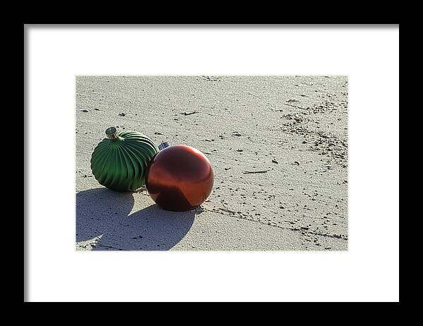 Christmas Framed Print featuring the digital art Red and Green Bulbs on the Beach #1 by Michael Thomas