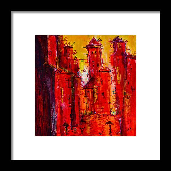 Cityscape Framed Print featuring the painting Red Rainy City 2 by Maxim Komissarchik