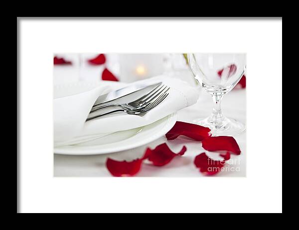 Romantic Framed Print featuring the photograph Romantic dinner setting with rose petals 1 by Elena Elisseeva