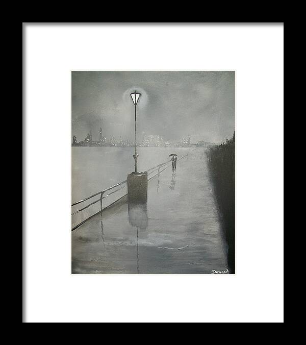 Cityscape Framed Print featuring the painting Romantic walk in the rain #1 by Raymond Doward