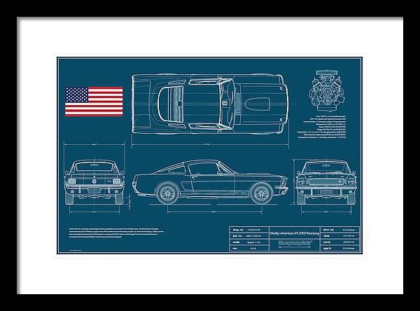 Shelby Framed Print featuring the digital art Shelby Mustang GT350 Blueplanprint #1 by Douglas Switzer