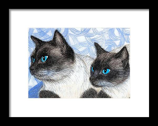Cats Framed Print featuring the drawing Siamese Cats #1 by Jo Prevost
