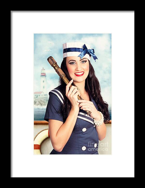 Nautical Framed Print featuring the photograph Smiling young pinup sailor girl. Sea search and rescue by Jorgo Photography