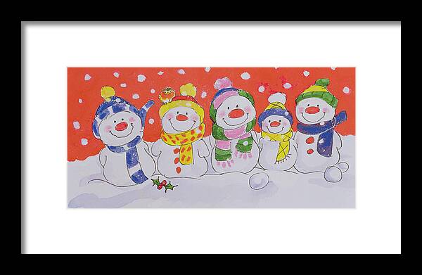 Snowman; Christmas; Snowing; Winter; Happy Framed Print featuring the painting Snow Family by Diane Matthes