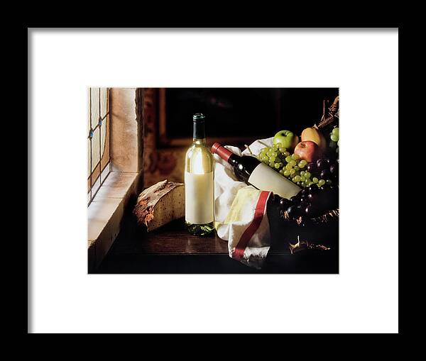 Golden Delicious Apple Framed Print featuring the photograph Still Life With Two Wine Bottles #1 by C-vino