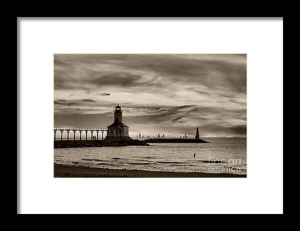 Lighthouse Framed Print featuring the photograph Sunset Walk at Michigan City by Brett Maniscalco