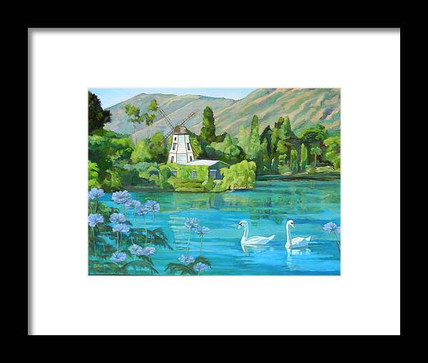 Self Realization Fellowship Lake Shrine Framed Print featuring the painting Swan Lake #1 by D Marie LaMar