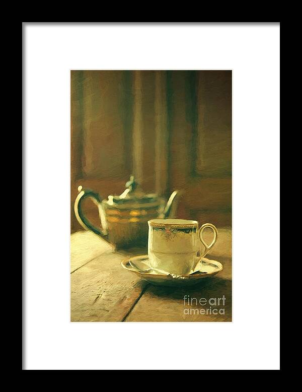 Antiquated Framed Print featuring the photograph Tea pot and cup of tea on table/ digital painting by Sandra Cunningham