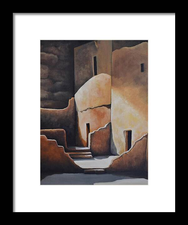 An Old Cave Dwelling Of Houses Built In The Mountains Of Arizona By Unknown Native American Indians Framed Print featuring the painting They Were Once Here by Martin Schmidt