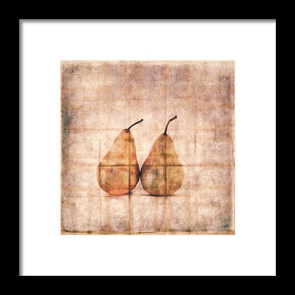 Two Framed Print featuring the photograph Two Yellow Pears on Folded Linen #1 by Carol Leigh