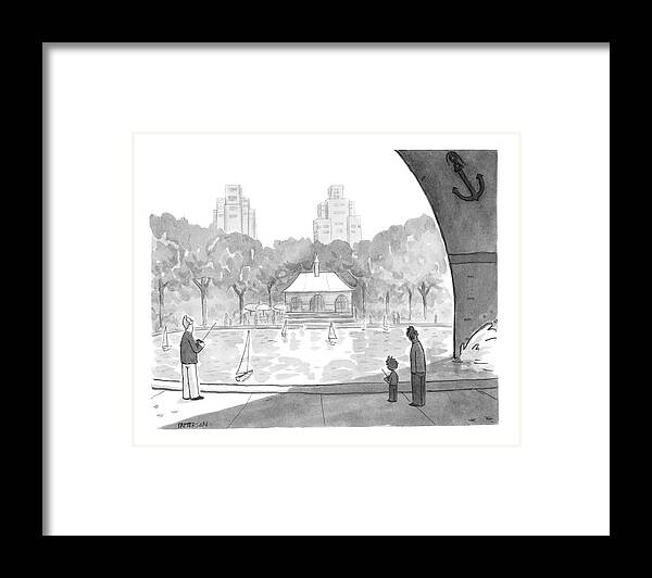 Regional New York City Problems
(bow Of Large Ship Casts A Shadow Over People Sailing Toy Sailboats In Central Park.)120846 Jpt Jason Patterson Framed Print featuring the drawing New Yorker April 25th, 2005 by Jason Patterson
