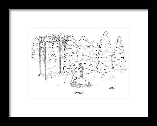 Problems Reindeer Christmas Audition Dead Death Fallen Fell Animals Animal

(santa Auditioning Reindeer's Flying Ability.) 121688 Jch Jonny Cohen Framed Print featuring the drawing Next by Jonny Cohen