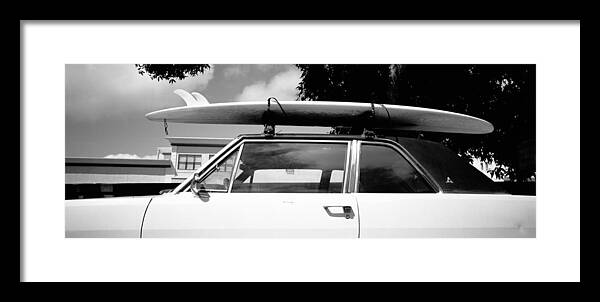 Photography Framed Print featuring the photograph Usa, California, Surf Board On Roof by Panoramic Images
