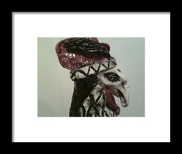 Ceramic Rooster Framed Print featuring the sculpture Warrior Rooster by Suzanne Berthier