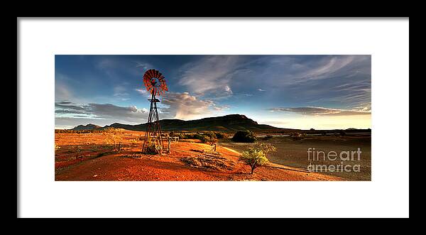 Wilpena Pound Windmill Rawnsley Bluff Flinders Ranges South Australia Australian Landscape Landscapes Early Morning Dam Drought Outback Framed Print featuring the photograph Wilpena Pound #14 by Bill Robinson