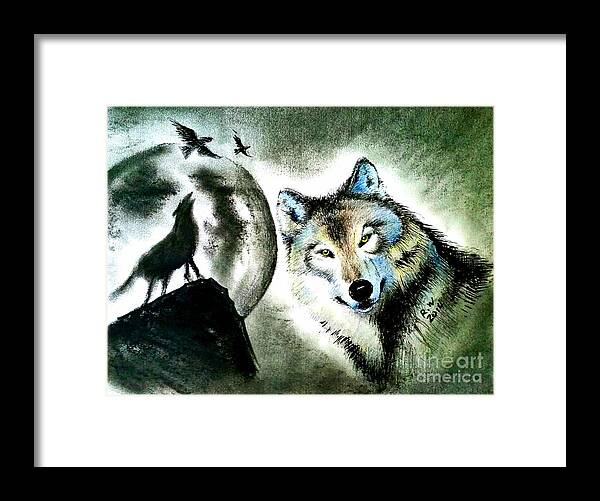 Wolf With Moon Night. Wild Animals. Wolf..wildlife. Pencil Drawing. Night . Birds. Rose Wang Art. Custome Order. Greeting Cards. Women Art. Natural Beauty. Landscape. Framed Print featuring the painting Wolf #1 by Rose Wang