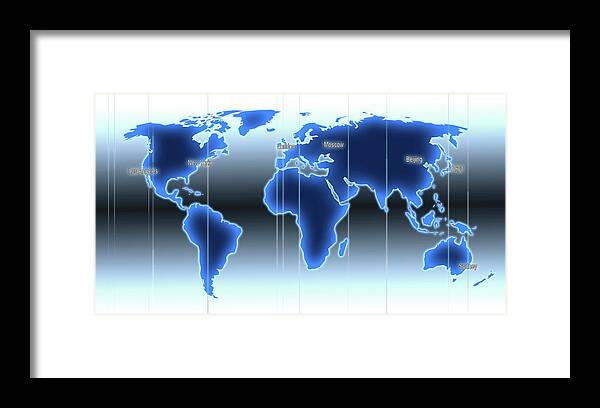World Framed Print featuring the photograph World Map Illustration With Time Zones #1 by Alfred Pasieka