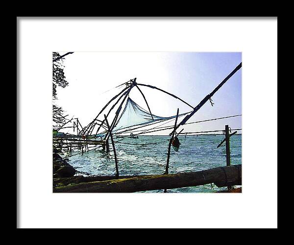 Action Framed Print featuring the digital art Fishing nets on the sea coast in Alleppey #11 by Ashish Agarwal