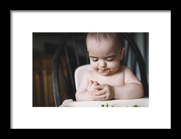 Tranquility Framed Print featuring the photograph 12 Month Old Eats Dinner in High Chair by Jill Lehmann Photography