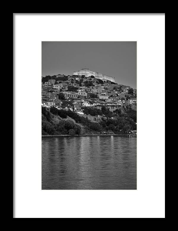 Lesvos; Lesbos; Molyvos; Molivos; Mithimna; Mithymna; Village; Town; Port; Harbor; Castle; Fortress; Island; Dusk; Twilight; Night; Lights; Reflection; House; Reflections; Sea; Houses; Tradition; Traditional; Greece; Hellas; Aegean; Summer; Holidays; Vacation; Tourism; Touristic; Travel; Trip; Voyage; Journey; Black And White; Black + White; B/w; B&w; B+w; Islands Framed Print featuring the photograph Molyvos village during dusk time #9 by George Atsametakis