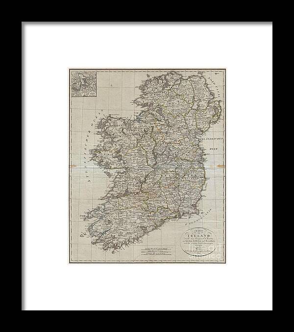 An Uncommon Map Of Ireland Dating To 1804. Though Published By The German Geographical Institute Framed Print featuring the photograph 1804 Jeffreys and Kitchin Map of Ireland by Paul Fearn