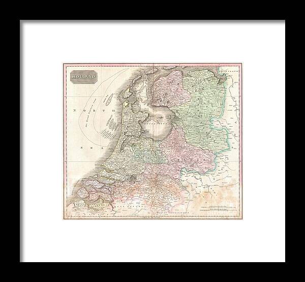 Pinkerton's Extraordinary 1818 Map Of Holland. Covers What Is Essentially Today's Netherlands Between The Belgium And Germany. Offers Excellent Undersea Detail Regarding Various Shoals And Other Dangers Framed Print featuring the photograph 1818 Pinkerton Map of Holland or the Netherlands by Paul Fearn