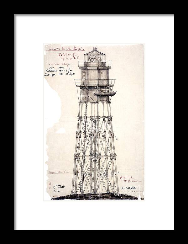 1849 Minot's Ledge Lighthouse Framed Print featuring the drawing 1849 Minot's Ledge Lighthouse by Jon Neidert