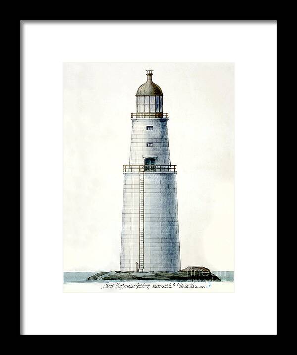 1852 Minot's Ledge Lighthouse Framed Print featuring the drawing 1852 Minot's Ledge Lighthouse by Jon Neidert
