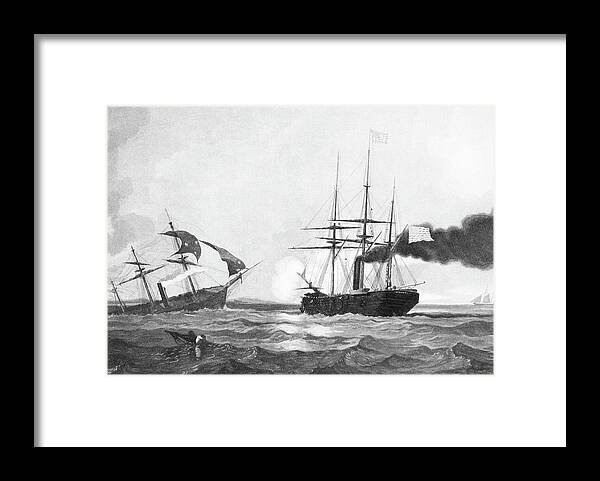 Horizontal Framed Print featuring the painting 1860s June 19 1864 Css Alabama Sinking by Vintage Images