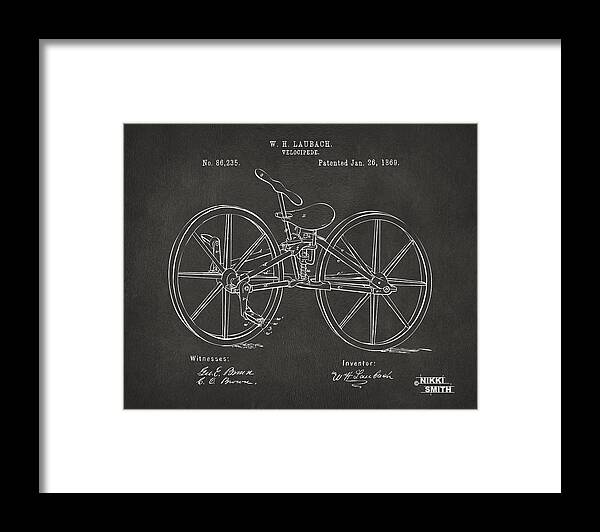 Bicycle Framed Print featuring the digital art 1869 Velocipede Bicycle Patent Artwork - Gray by Nikki Marie Smith