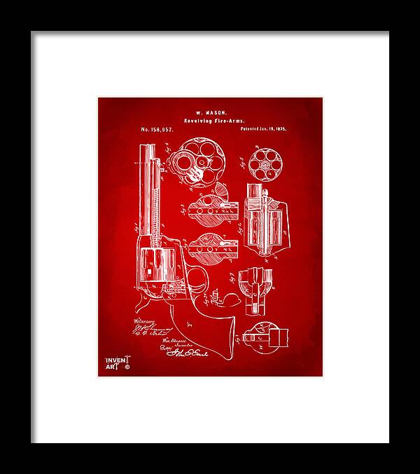 Colt 45 Framed Print featuring the digital art 1875 Colt Peacemaker Revolver Patent Red by Nikki Marie Smith