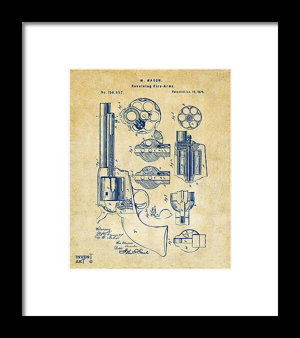Colt Framed Print featuring the digital art 1875 Colt Peacemaker Revolver Patent Vintage by Nikki Marie Smith