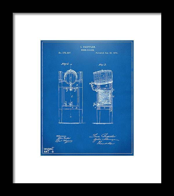 Beer Framed Print featuring the digital art 1876 Beer Keg Cooler Patent Artwork Blueprint by Nikki Marie Smith