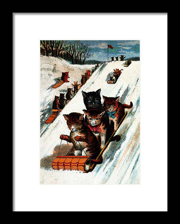Cats Framed Print featuring the painting 1887 Toboggan Cats by Historic Image
