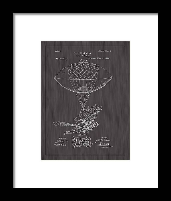Spalding Flying Machine Framed Print featuring the photograph 1889 Spalding Flying Machine Patent Art-Black Woodgrain by Barry Jones