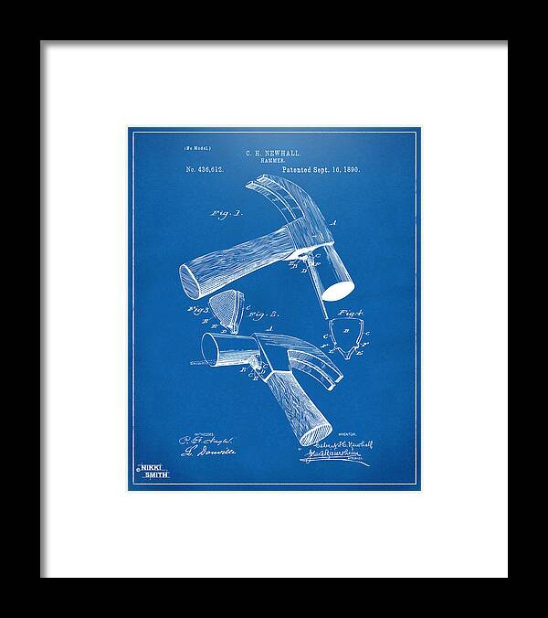 Hammer Framed Print featuring the digital art 1890 Hammer Patent Artwork - Blueprint by Nikki Marie Smith