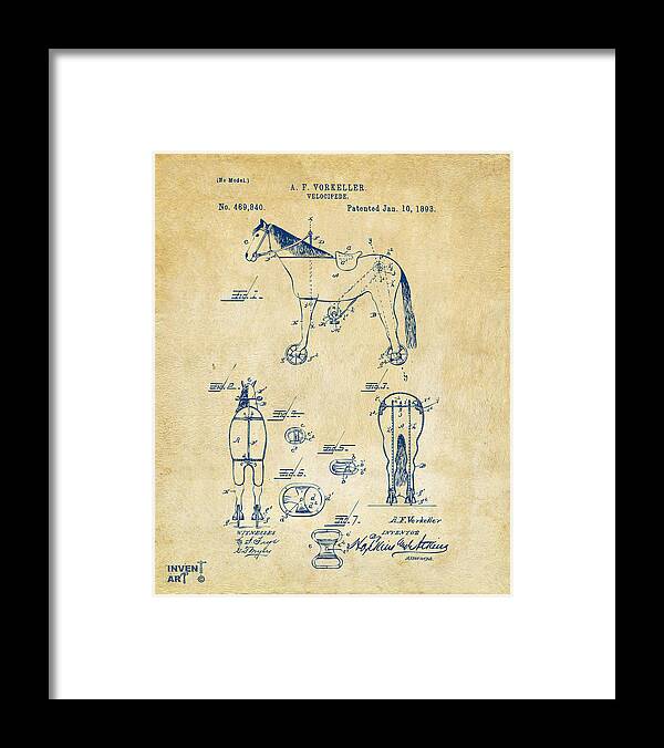 Bicycle Framed Print featuring the digital art 1893 Velocipede Horse-Bike Patent Artwork Vintage by Nikki Marie Smith