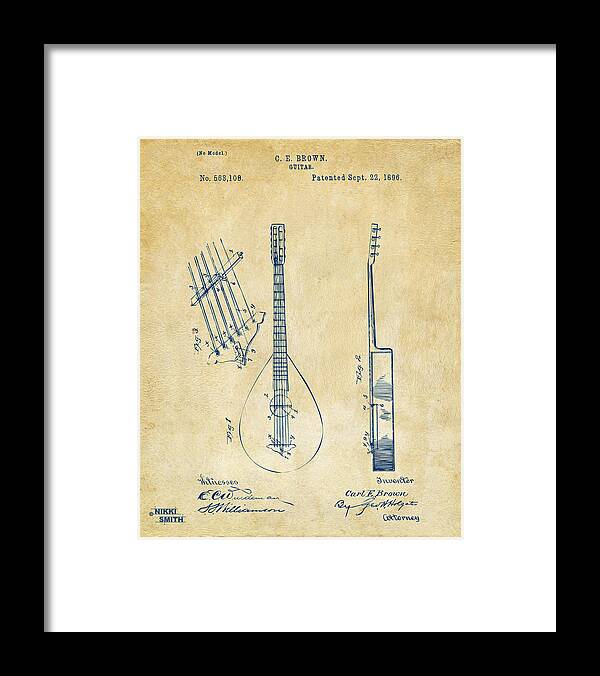 Guitar Framed Print featuring the drawing 1896 Brown Guitar Patent Artwork - Vintage by Nikki Marie Smith