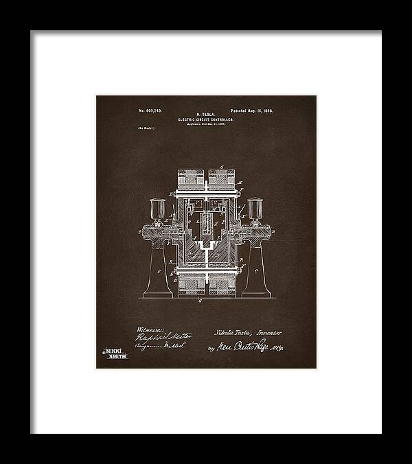 Tesla Framed Print featuring the digital art 1898 Tesla Electric Circuit Patent Artwork Espresso by Nikki Marie Smith