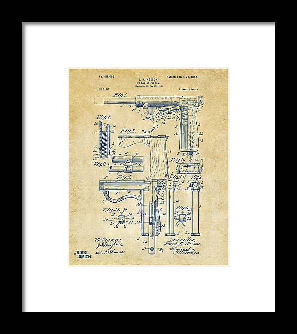 Wesson Pistol Framed Print featuring the drawing 1898 Wesson Magazine Pistol Patent Artwork - Vintage by Nikki Marie Smith