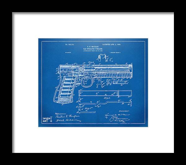 Gun Framed Print featuring the digital art 1903 McClean Pistol Patent Artwork - Blueprint by Nikki Marie Smith