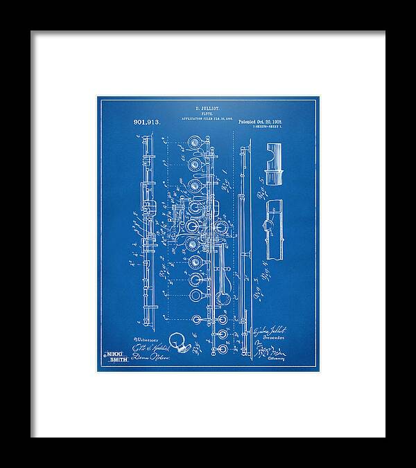 Flute Framed Print featuring the digital art 1908 Flute Patent - Blueprint by Nikki Marie Smith