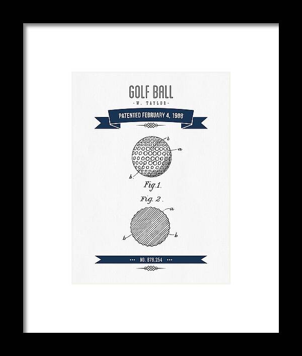 Golf Framed Print featuring the digital art 1908 Taylor Golf Ball Patent Drawing - Retro navy Blue by Aged Pixel