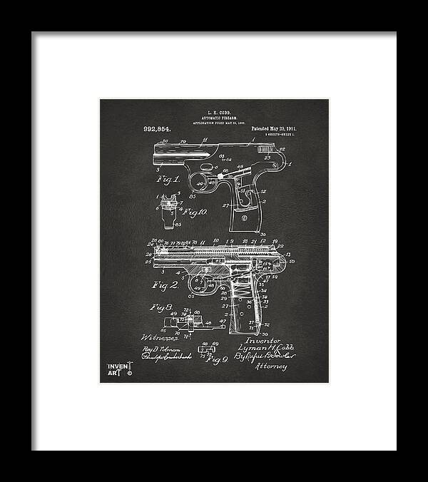Police Gun Framed Print featuring the digital art 1911 Automatic Firearm Patent Artwork - Gray by Nikki Marie Smith